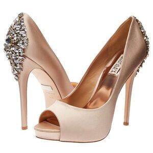 BADGLEY MISCHKA Kiara Peep-Toe SatinHeels with Crystal Embellishments (6M)